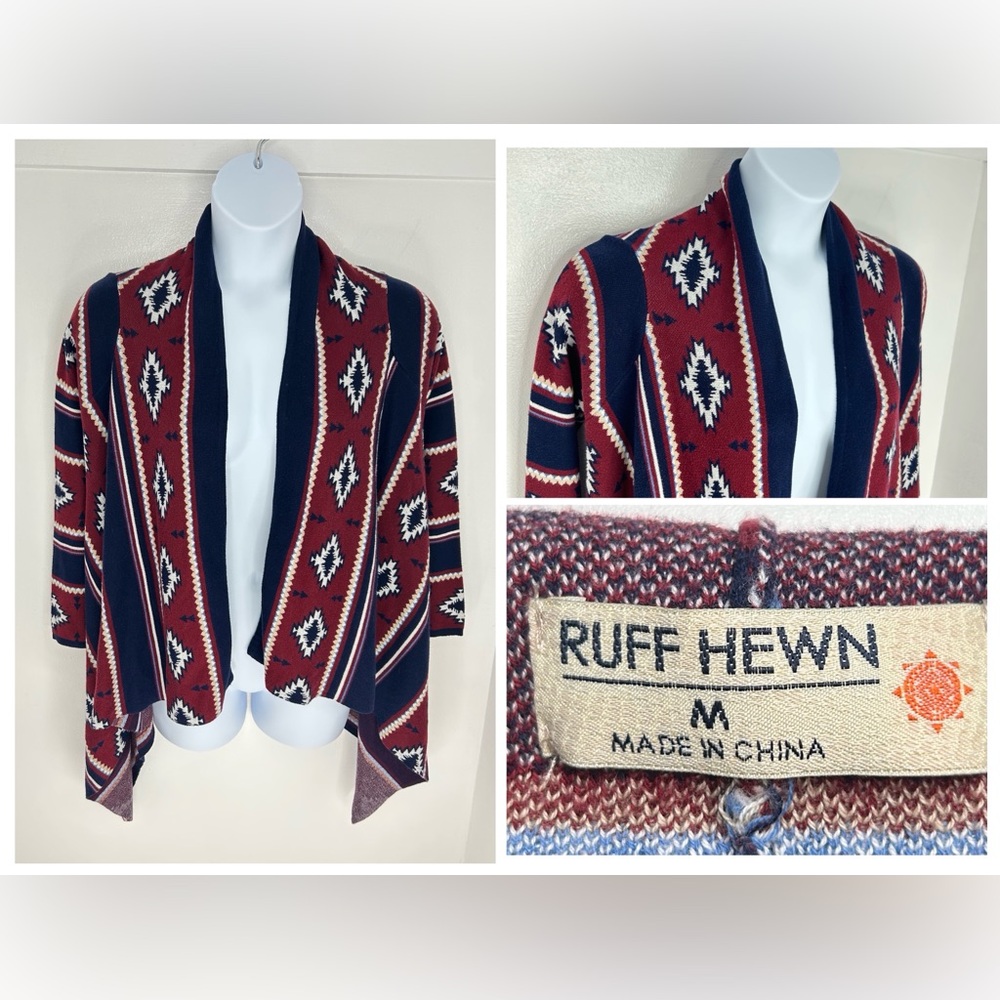 Ruff Hewn Open Front Sweater Medium Southwestern Aztec Duster Long Cardigan